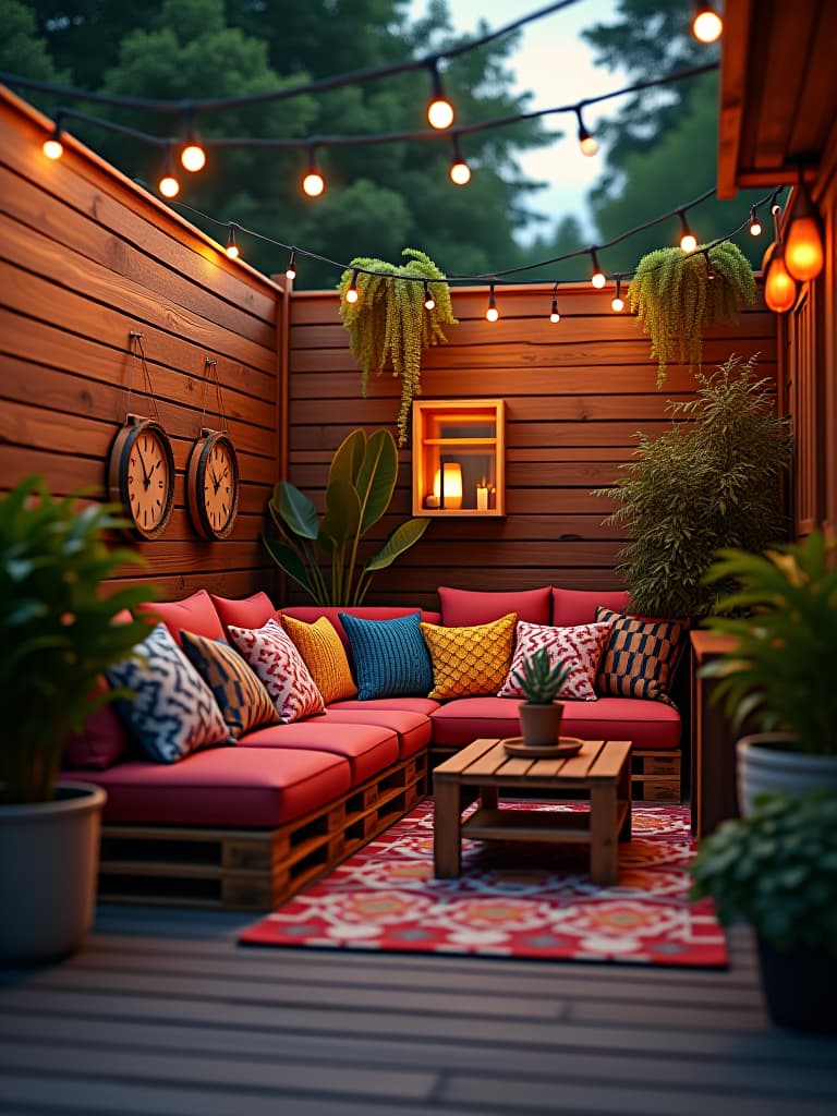  high quality portrait photo of a cozy patio corner with a diy pallet sofa adorned with colorful cushions, string lights overhead, and potted plants, creating a warm and inviting atmosphere at sunset hyperrealistic, full body, detailed clothing, highly detailed, cinematic lighting, stunningly beautiful, intricate, sharp focus, f/1. 8, 85mm, (centered image composition), (professionally color graded), ((bright soft diffused light)), volumetric fog, trending on instagram, trending on tumblr, HDR 4K, 8K