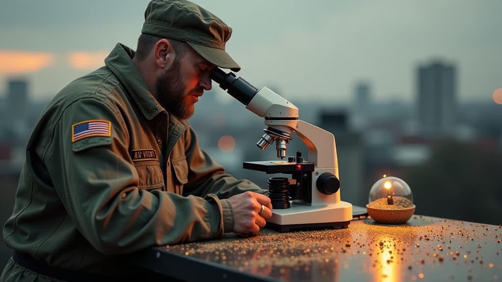  create a hyper realistic image capturing the essence of micrometeorites and the intricate process of identifying them. the scene should feature a detailed rooftop setting, with tiny dust particles scattered around. in the center, a highly detailed microscope should be shown, emphasizing precision and keen observation. include elements such as a us army veteran's uniform to represent scott peterson, along with logos of international research teams and tu berlin. show anthropogenic contaminations