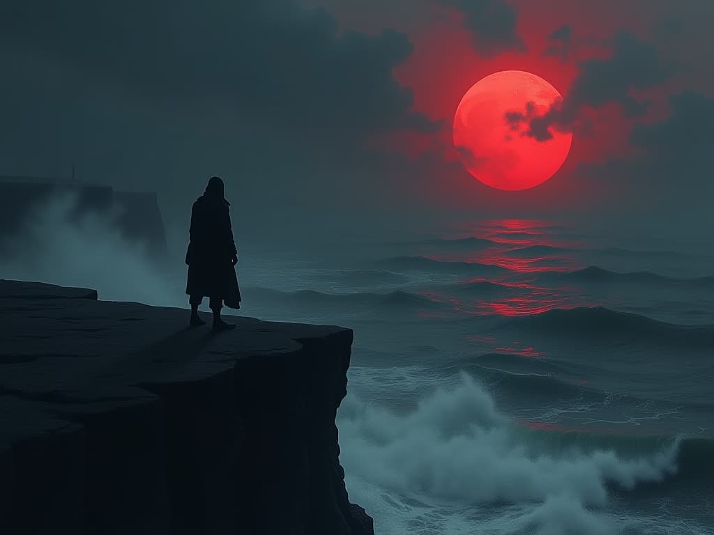  a lone wanderer at the edge of a cliff, gazing at the stormy sea, sense of solitude, despair.. the style is dark fantasy and mysterious occult, symbolic, moody lighting, esoteric vibe,high detail on character design. for the color scheme emphasize blacks and reds.