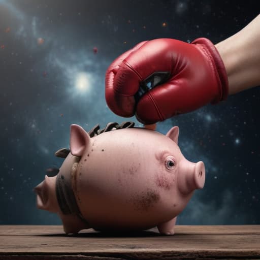 A human arm waering a boxing glove next to a pig in Cinematic style with Space background