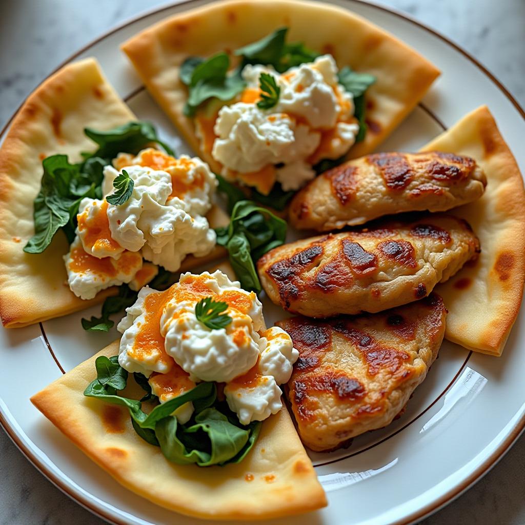  triangles of lavash with greens, cottage cheese, and chicken on a plate.