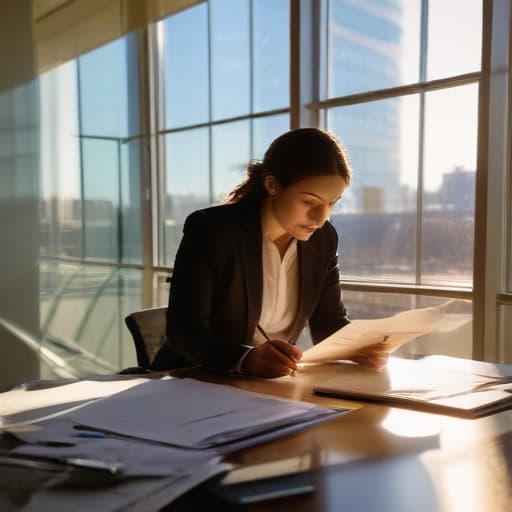 A photo of a Car Accident Attorney reviewing case files in a modern office building during the late afternoon, illuminated by warm, golden sunlight streaming through large windows, casting long shadows across the desk and highlighting the intricate details of the legal documents.