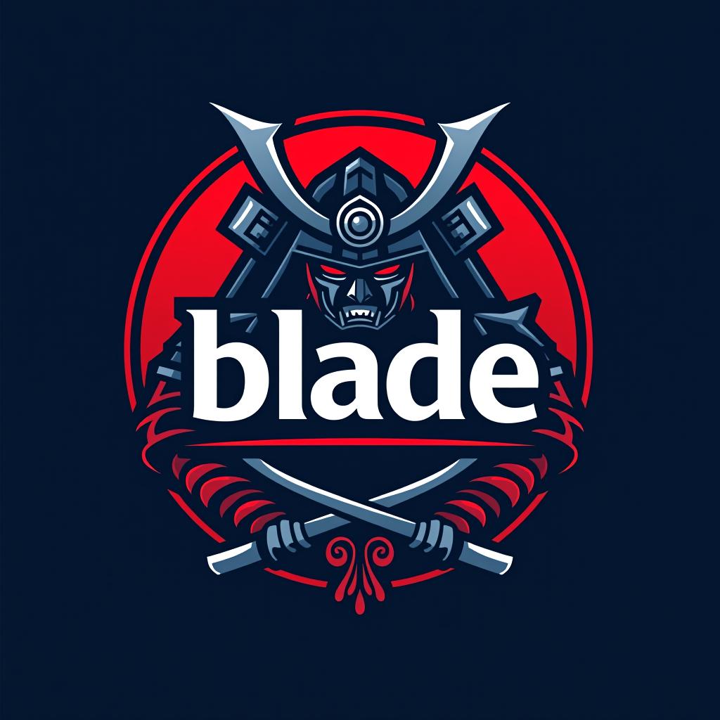  design a logo, emblem logo, with the written text ‘blade’, samurai theme, red and blue.