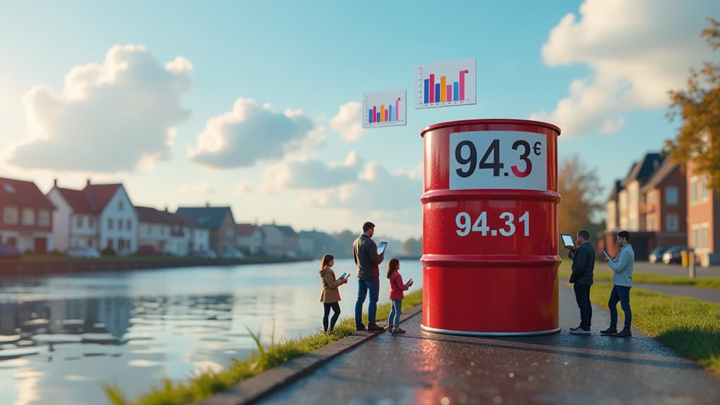  prompt: create a hyper realistic and detailed image capturing the heating oil market in dillingen on the danube. show a panoramic view of the district with colorful graphs and charts floating in the sky, symbolizing the fluctuating prices. include a central focal point of a 100 liter drum of heating oil, prominently displaying the average price of 94.31 euros. surround the drum with miniature figures representing consumers carefully examining price data on tablets and smartphones. ensure the lan