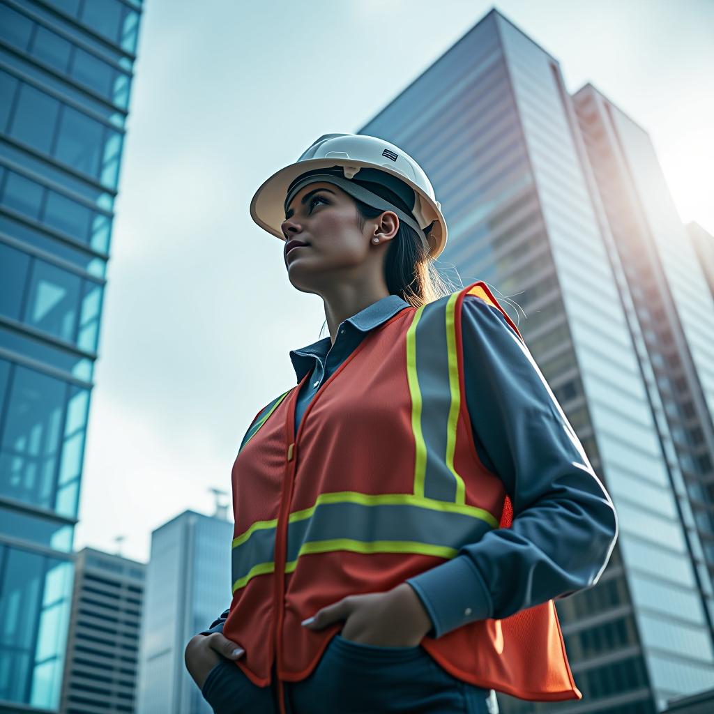  professional worker woman, skyscrapers buildings double exposure, construction expert company