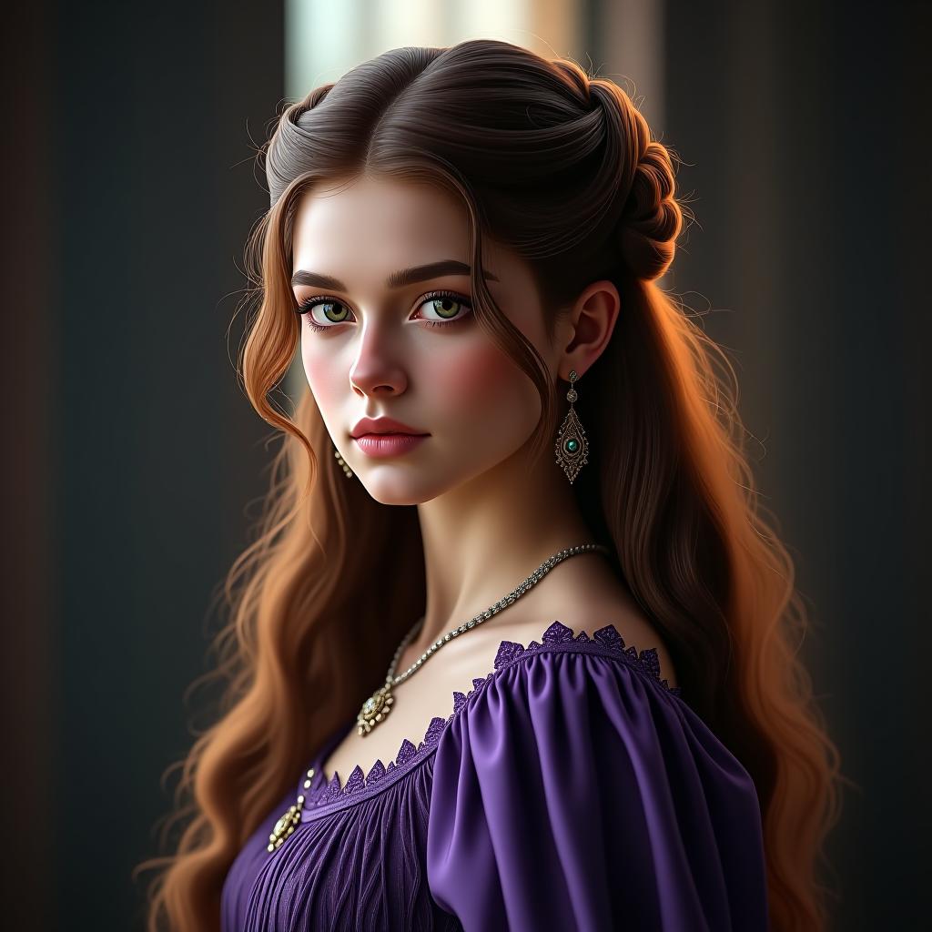  detailed beautiful young woman with brown hair from the house of dane from george r.r. martin's a song of fire and ice universe, wearing a purple dress, in super realism style hyperrealistic, full body, detailed clothing, highly detailed, cinematic lighting, stunningly beautiful, intricate, sharp focus, f/1. 8, 85mm, (centered image composition), (professionally color graded), ((bright soft diffused light)), volumetric fog, trending on instagram, trending on tumblr, HDR 4K, 8K