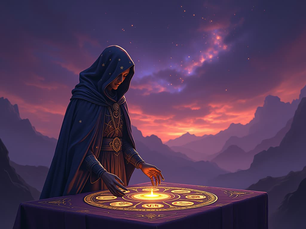  alchemical mystic wearing a cloak of stars, standing by a table filled with ancient, glowing symbols, the background a twilight sky tinged with hues of purple and gold, representing spiritual alchemy and understanding negativity.. the style is digital art illustration,highly detailed, whimsical,magical, dreamlike atmosphere, realism and fantasy blend, smooth, glossy textures,luminous quality, wonder and enchantment.