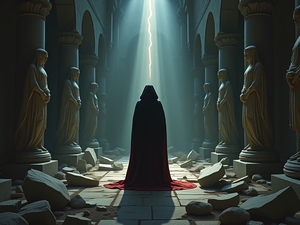  a robed figure in an ancient ruin, surrounded by broken statues, light piercing through cracks. painful yet enlightening, a symbol of self reflection and insight.. the style is dark fantasy and mysterious occult, symbolic, moody lighting, esoteric vibe,high detail on character design. for the color scheme emphasize blacks and reds.