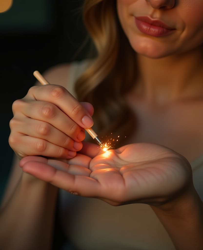  hdr photo of a woman applies a small amount of perfume to her wrist, hands, small pencil, application, close up . high dynamic range, vivid, rich details, clear shadows and highlights, realistic, intense, enhanced contrast, highly detailed