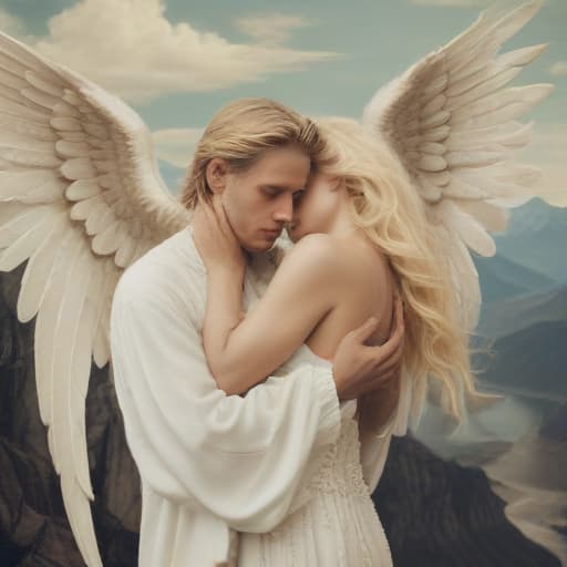 A beautiful winged male angel holding a blonde woman crying in his arms in Surrealist style with Mountains background