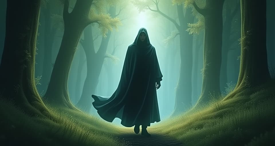  a figure in dark, flowing attire, stepping forward with an accusatory stance in a magical forest. ethereal light surrounds an enchanting being, highlighting the contrast.. the style is digital art illustration,highly detailed, whimsical,magical, dreamlike atmosphere, realism and fantasy blend, smooth, glossy textures,luminous quality, wonder and enchantment.