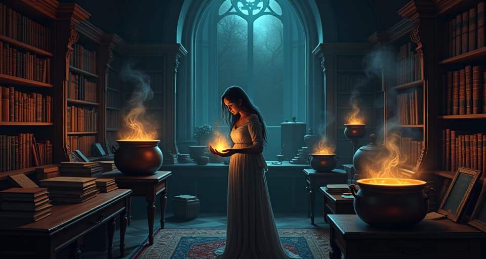  an elaborate, dark magical room filled with smoking cauldrons and ancient books. an ethereal mother works meticulously on a dark spell. the room is dimly lit, filled with an aura of calculated, malevolent strategy.. the style is digital art illustration,highly detailed, whimsical,magical, dreamlike atmosphere, realism and fantasy blend, smooth, glossy textures,luminous quality, wonder and enchantment.