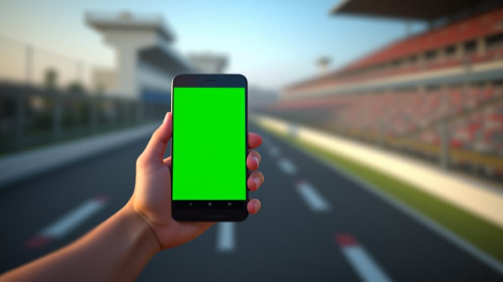  a dynamic image of a hand holding a smartphone with a green screen at a bustling racetrack. perfect for showcasing apps related to sports broadcasting live timing or event interaction, high quality, high details, hd, perfect composition, 4k epic detailed, highly detailed, sharp focus, high resolution