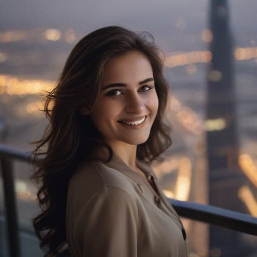 portrait, cinematic film still "A brunette woman with wavy brown hair wearing fashionable clothes posing for a photo at the top of the Burj Khalifa, Smiling, evening" . shallow depth of field, vignette, highly detailed, high budget, bokeh, cinemascope, moody, epic, gorgeous, film grain, grainy, (best quality)), ((masterpiece)), ((realistic))