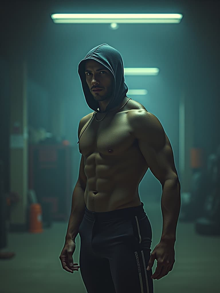  a kink guy in a garage hyperrealistic, full body, detailed clothing, highly detailed, cinematic lighting, stunningly beautiful, intricate, sharp focus, f/1. 8, 85mm, (centered image composition), (professionally color graded), ((bright soft diffused light)), volumetric fog, trending on instagram, trending on tumblr, HDR 4K, 8K