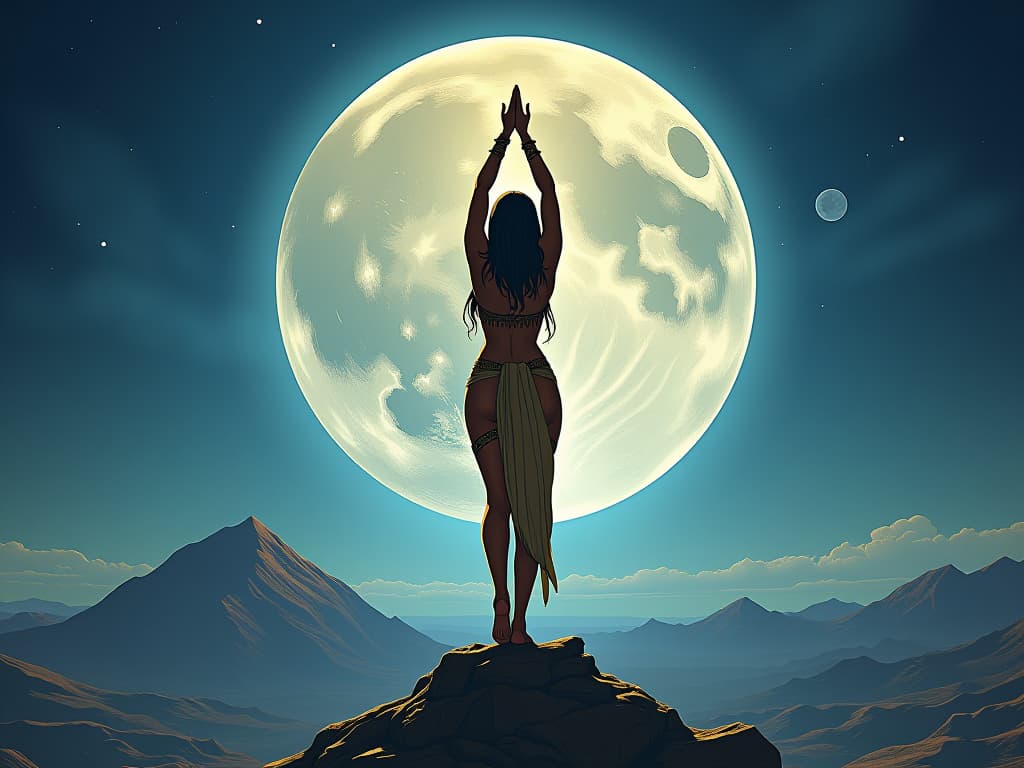  large busted goddess in tight attire standing on a mountain under the full moon, arms raised towards the sky, surrounded by celestial energy, scene of universal connection. the style is digital art illustration / modern comic book / mysterious occult, symbolic, esoteric vibe,high detail on character design, incorporating ancient egyptian symbology and attire.