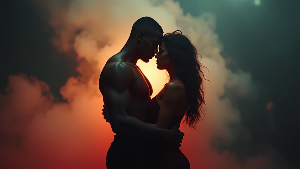  dark skinned couple embracing in love. muscular. ya paranormal fantasy concept. darkness with color burst. mist, smoke, fog. couple in love. glowing light. surreal epic fantasy dystopian love