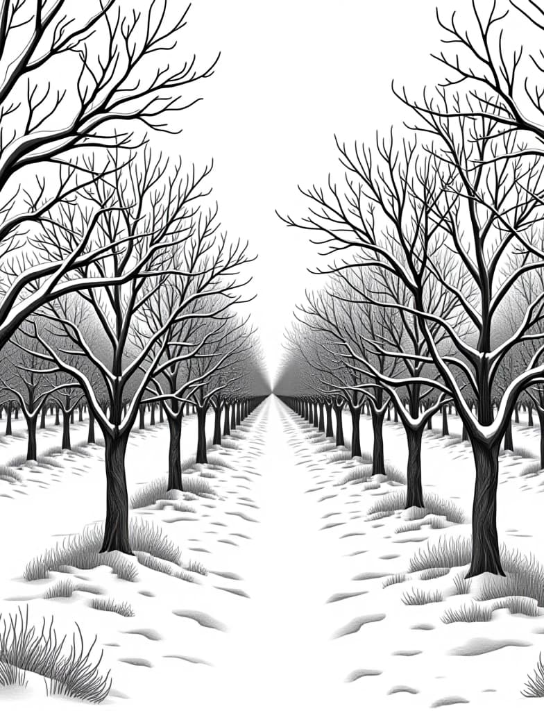  this is for an adult coloring page. a detailed black and white line art of a snowy snow covered orchard with bare fruit trees on a solid white background.