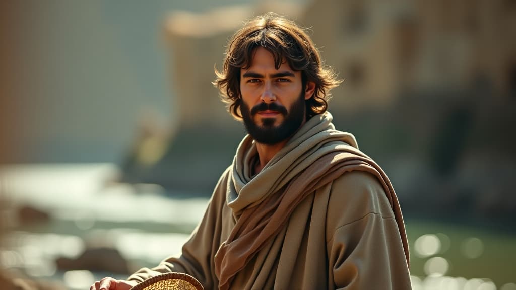  a vivid image of andrew, apostle of jesus, a humble man with a kind face, short beard, and tousled hair. dressed in biblical robes, he holds a small fishing net, reflecting his role before following jesus. the scene is set near the jordan river. hyperrealistic, full body, detailed clothing, highly detailed, cinematic lighting, stunningly beautiful, intricate, sharp focus, f/1. 8, 85mm, (centered image composition), (professionally color graded), ((bright soft diffused light)), volumetric fog, trending on instagram, trending on tumblr, HDR 4K, 8K