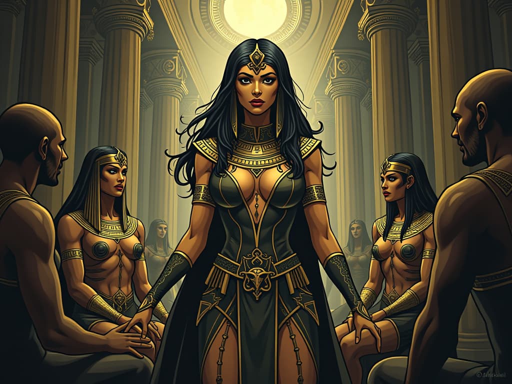  large busted female adviser in form fitting attire, consulting with gods and mortals, symbolizing profound insight and judgment. the style is digital art illustration / modern comic book / mysterious occult, symbolic, esoteric vibe,high detail on character design, incorporating ancient egyptian symbology and attire.