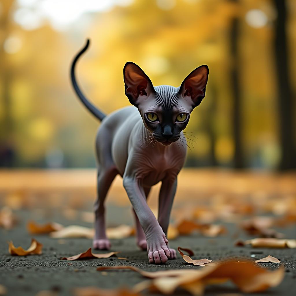  a gray sphynx cat with black ears, pink paws, and a small black spot on its white cheek is walking through an autumn park.