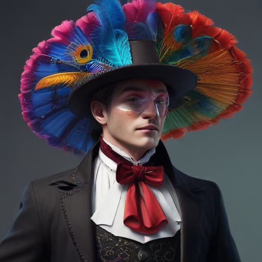 Rainbow man in drag makeup Cupid’s bow lipstick cowboy top hat and headdress tuxedo with spur whore Elizabethan collar wand parasol peacock dress, ultra realistic, 3d, digital art, artstation, octane render, dynamic, high qualitydetailed, intricate, full of colour