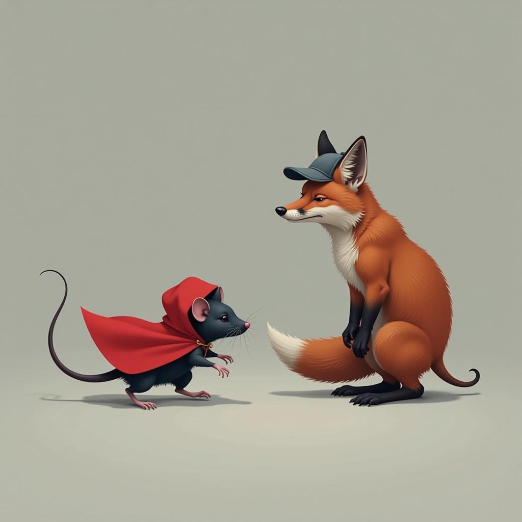  concept art gray background. vector image. a small black rat with a long thin tail in a red cape with a hood quickly escapes. a red fox in a grey cap chases a rat. . digital artwork, illustrative, painterly, matte painting, highly detailed