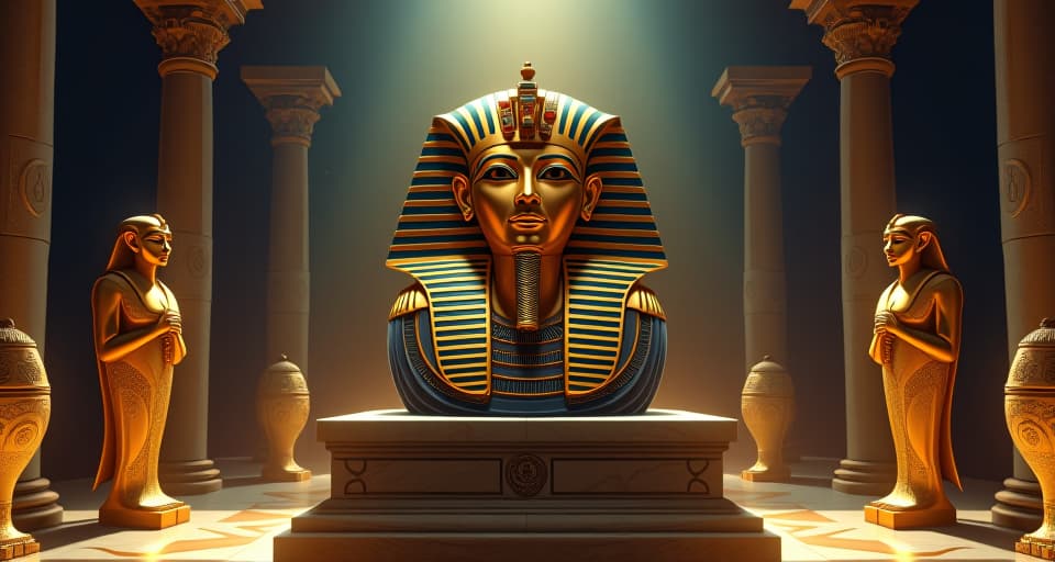  a pharaoh's golden mask, pristine condition, surrounded by ornately carved canopic jars, on a marble pedestal in the center of a temple chamber. the style is digital art illustration / modern comic book / mysterious occult, symbolic, esoteric vibe,high detail on character design, incorporating ancient egyptian symbology and attire.