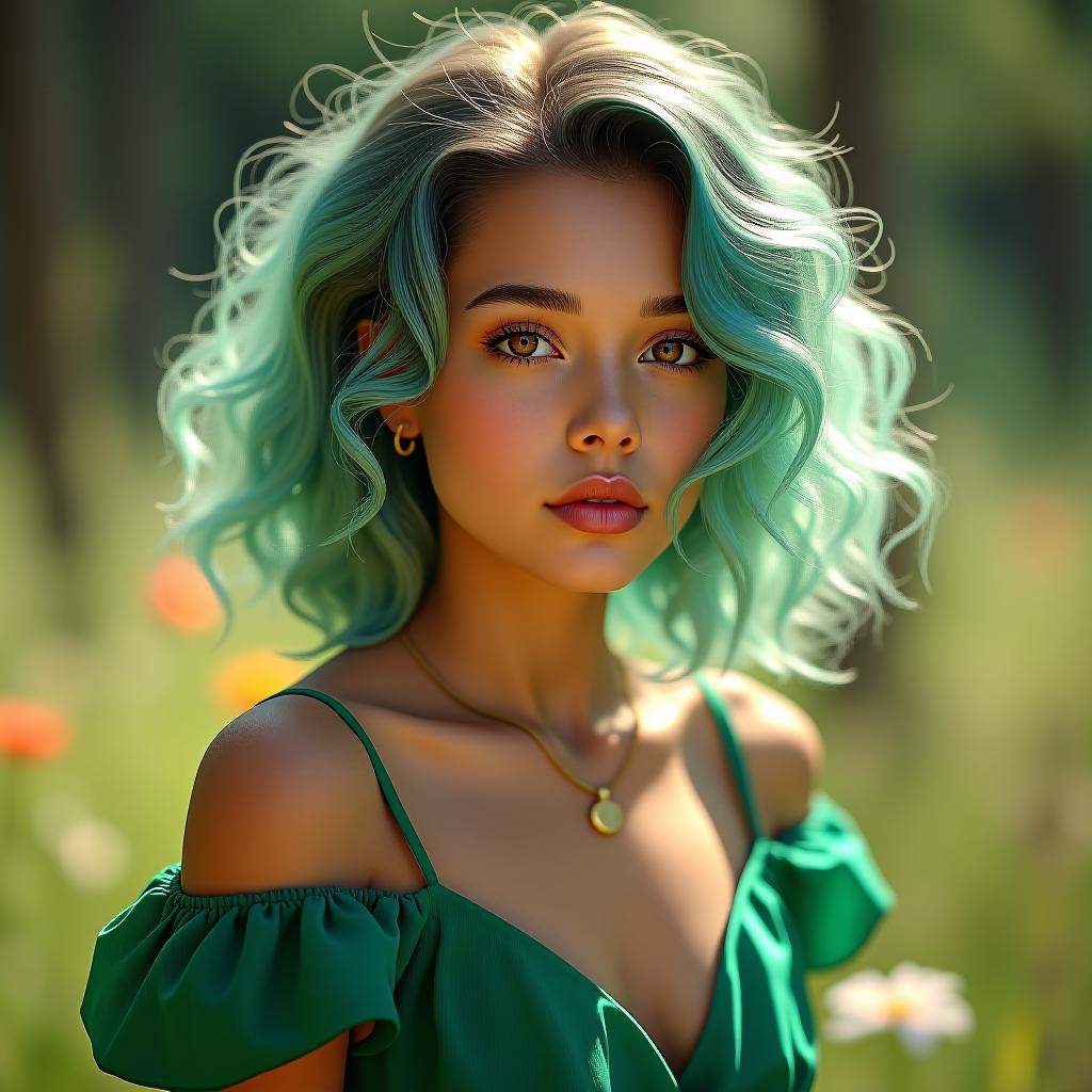  fashion photography portrait of a girl with white tan skin and curly, shoulder length green hair with blue streaks that shines in the sunlight. her eyes are a striking amber, framed by long lashes. she wears a flowing, emerald green sundress that contrasts beautifully with her skin tone, a delicate gold necklace with a small pendant rests at her collarbone, long earrings and a flower in her hair. in sunlit forest clearing with wildflowers. hyperrealistic, full body, detailed clothing, highly detailed, cinematic lighting, stunningly beautiful, intricate, sharp focus, f/1. 8, 85mm, (centered image composition), (professionally color graded), ((bright soft diffused light)), volumetric fog, trending on instagram, trending on tumblr, HDR 4K, 8K