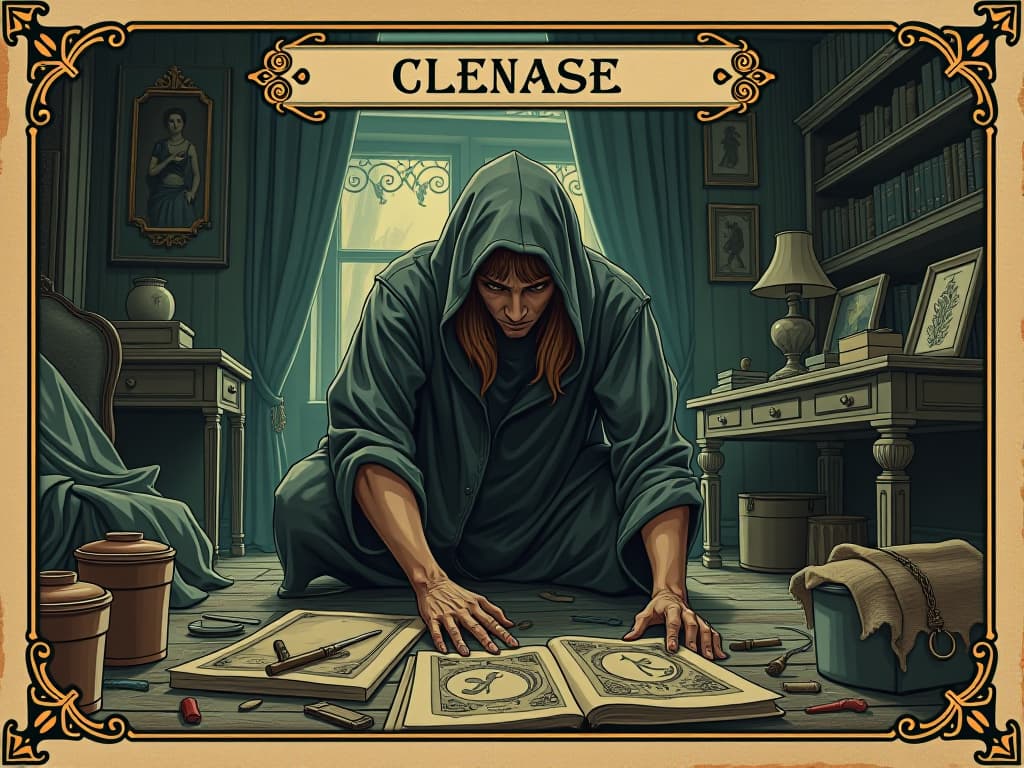  person clearing broken items, determined expression, sense of reclaiming power, organized room, brighter setting. an illustration in the style of a worn, mystical old tarot trump card, mysterious and elements of surrealism. the colors are muted, somber and eerie, but with contrast bring out an occult and esoteric vibe.