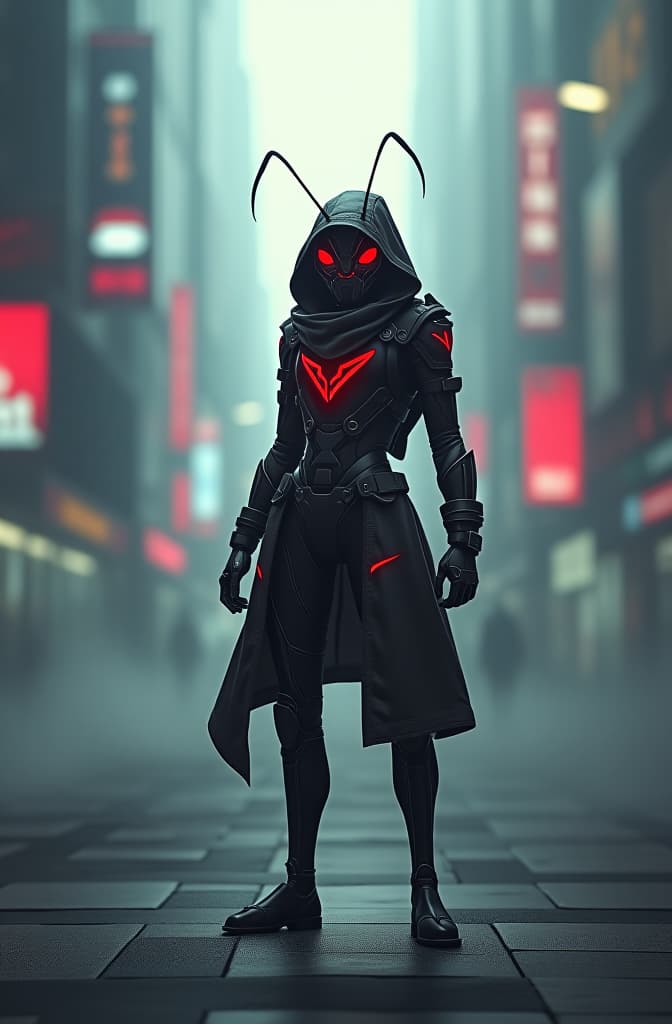  cyberpunk ant standing in city hyperrealistic, full body, detailed clothing, highly detailed, cinematic lighting, stunningly beautiful, intricate, sharp focus, f/1. 8, 85mm, (centered image composition), (professionally color graded), ((bright soft diffused light)), volumetric fog, trending on instagram, trending on tumblr, HDR 4K, 8K