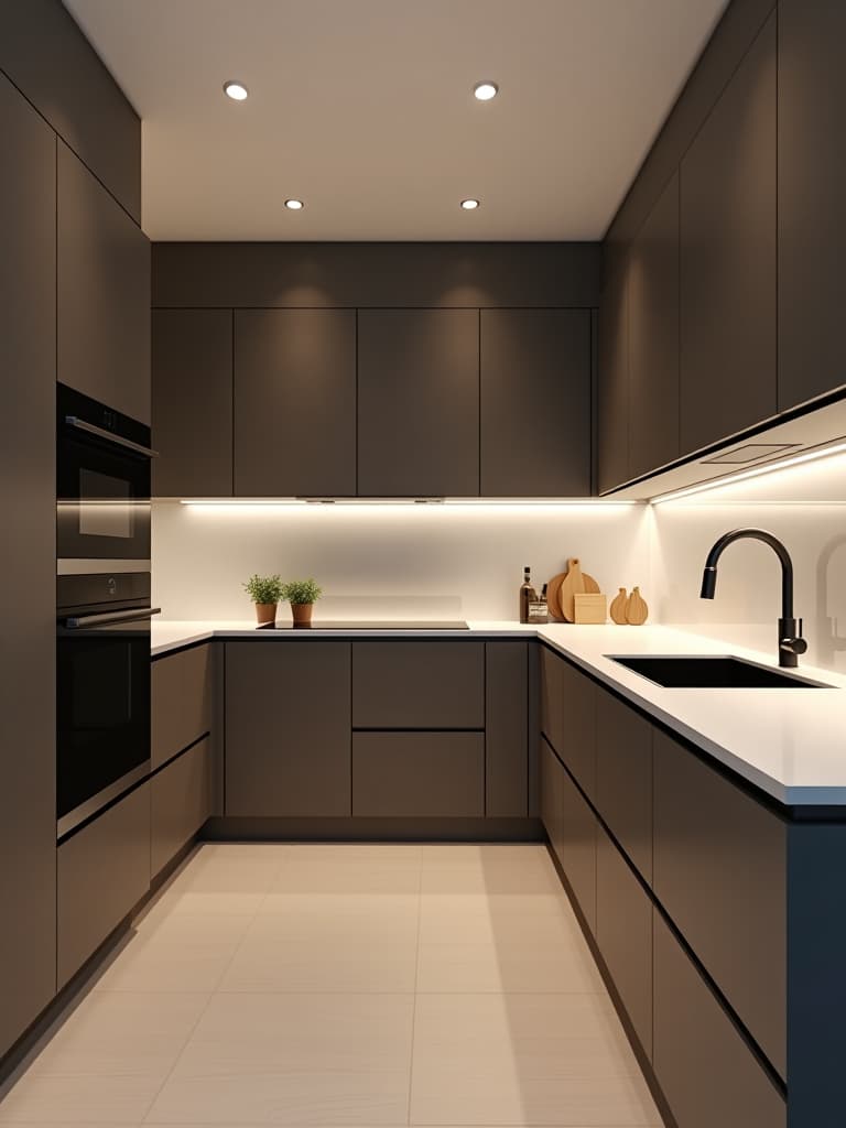  high quality portrait photo of a sleek, minimalist kitchen with handleless cabinets, integrated appliances, a waterfall edge quartz countertop, and a glass backsplash with subtle led lighting, viewed from a side angle hyperrealistic, full body, detailed clothing, highly detailed, cinematic lighting, stunningly beautiful, intricate, sharp focus, f/1. 8, 85mm, (centered image composition), (professionally color graded), ((bright soft diffused light)), volumetric fog, trending on instagram, trending on tumblr, HDR 4K, 8K