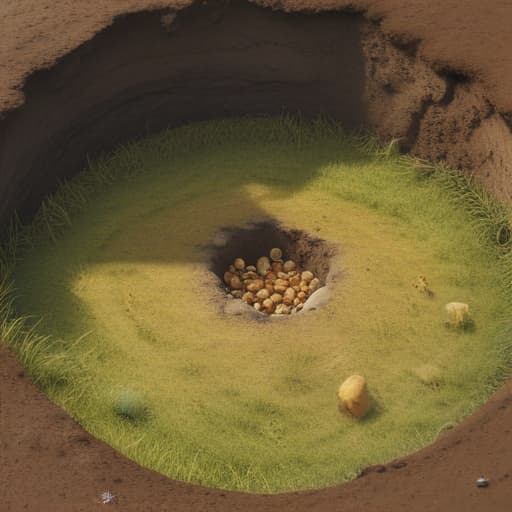 all kind of gold and precious stones beside a recently dug out hole in a grassy field