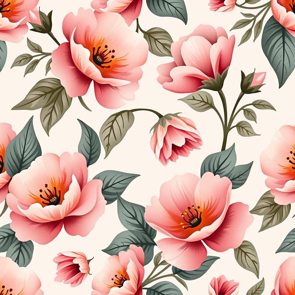  create a seamless digital design featuring a pattern of large, beautiful flowers with soft, watercolor like effects. the flowers should cover the entire surface, creating a bold, elegant, and continuous look. the overall style should be light and airy, with delicate leaves and petals to enhance the natural, floral theme. the design should be seamless to ensure it can be used in repeating patterns or wraps.