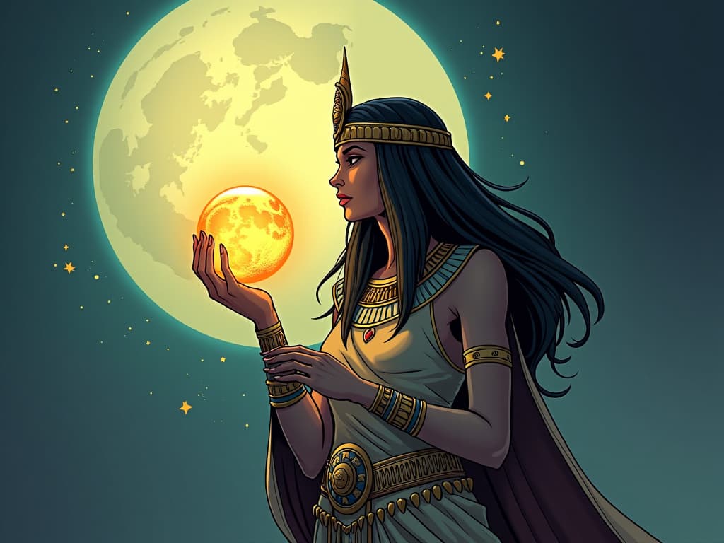  ancient egyptian goddess, holding a glowing orb under the full moon, mystical symbols swirling around her, symbolizing the powerful invitation to transform. the style is digital art illustration / modern comic book / mysterious occult, symbolic, esoteric vibe,high detail on character design, incorporating ancient egyptian symbology and attire.