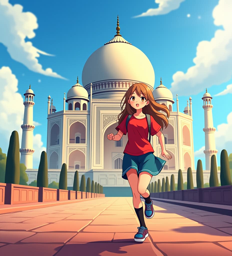  anime, anime sytle, anime image, cartoon, real cartoon, real anime, girl running on taj mahal