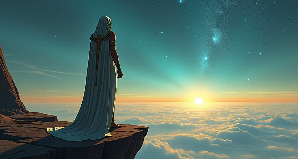  a large busted oracle in a translucent robe, standing on a cliff's edge, overlooking the cosmic expanse, symbolizing clarity and alignment. the style is digital art illustration / modern comic book / mysterious occult, symbolic, esoteric vibe,high detail on character design, incorporating ancient egyptian symbology and attire.