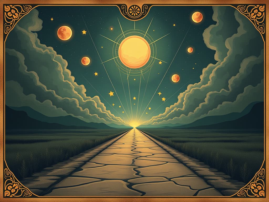  a road extending to infinity with floating symbols, testament to infinite potential, cosmic journey, pathway to the unknown. an illustration in the style of a worn, mystical old tarot trump card, mysterious and elements of surrealism. the colors are muted, somber and eerie, but with contrast bring out an occult and esoteric vibe.