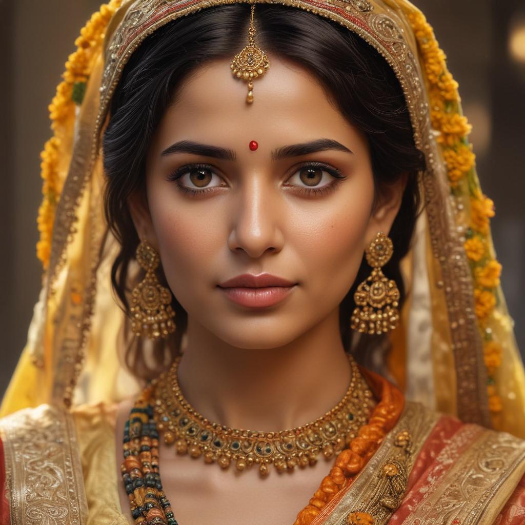 ((masterpiece)),(((best quality))), 8k, high detailed, ultra detailed, exotic indian woman, colorful dupatta, jhumka earrings, marigold garland, intricate hair braid hyperrealistic, full body, detailed clothing, highly detailed, cinematic lighting, stunningly beautiful, intricate, sharp focus, f/1. 8, 85mm, (centered image composition), (professionally color graded), ((bright soft diffused light)), volumetric fog, trending on instagram, trending on tumblr, HDR 4K, 8K