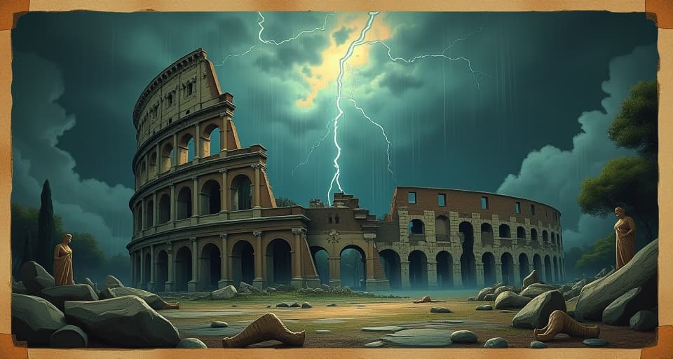  ruined coliseum under a stormy sky, lightning flashing, sense of loss and desolation, broken statues scattered around. an illustration in the style of a worn, mystical old tarot trump card, mysterious and elements of surrealism. the colors are muted, somber and eerie, but with contrast bring out an occult and esoteric vibe.