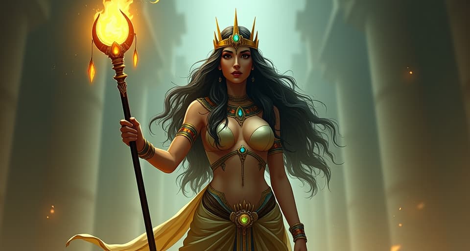  a powerful sorceress, large busted and in form fitting attire, holding a glowing staff, energy flowing through her, atmosphere of inner power. the style is digital art illustration / modern comic book / mysterious occult, symbolic, esoteric vibe,high detail on character design, incorporating ancient egyptian symbology and attire.