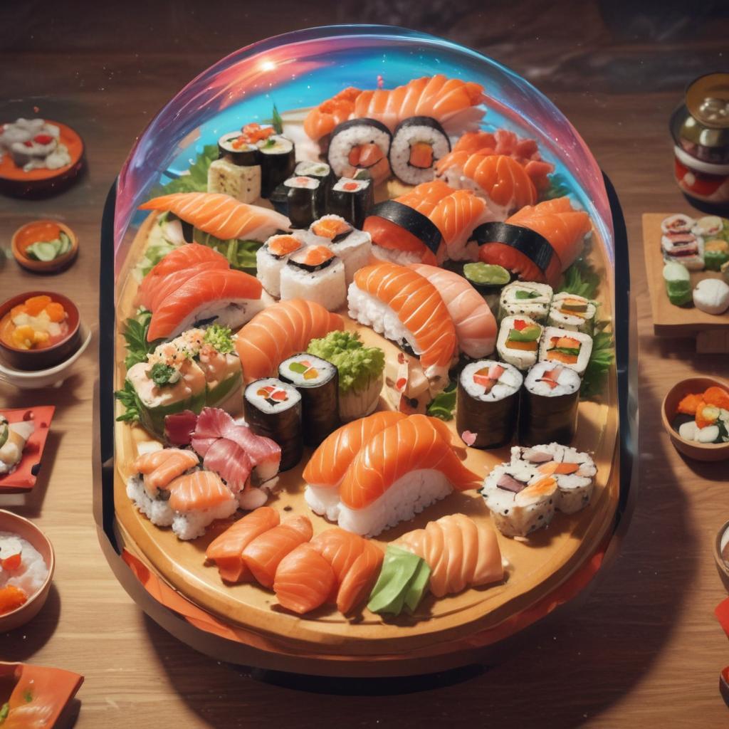 distance-shot, flashy, full-body, dynamic, holographic, animated cartoon poster of sushi scene in the style of dragon ball super