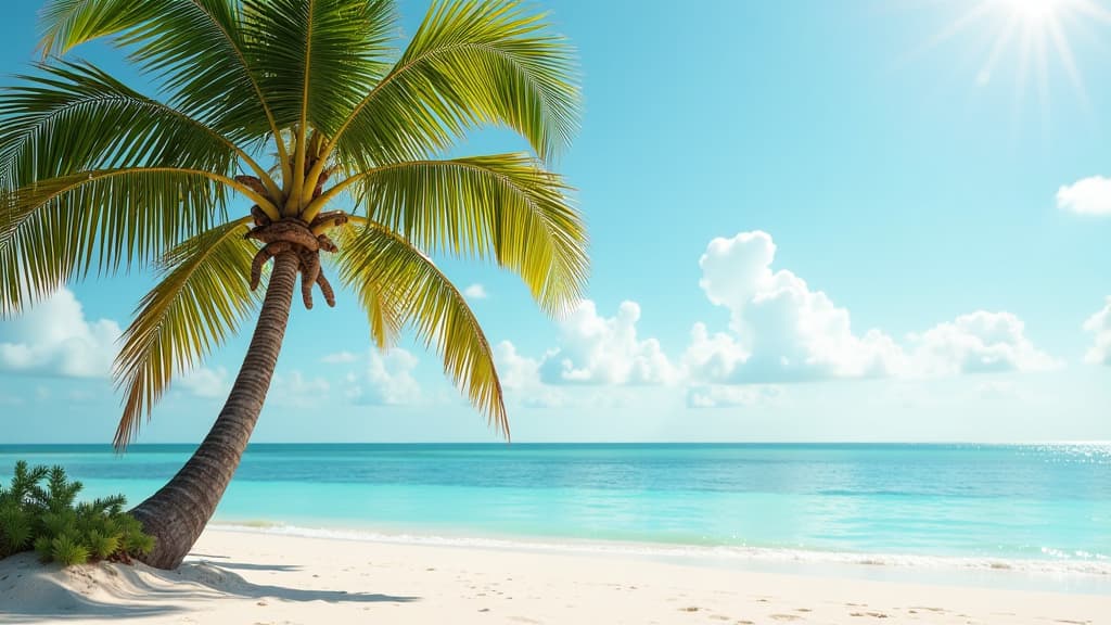  view of a palm tree against a beach background, decorated with christmas decorations and 2/3 free space for text on the right {prompt}, maximum details