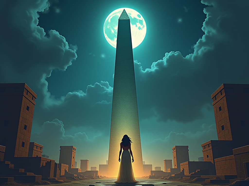  giant obelisk under the full moon, ethereal light reflecting off its surface, surrounded by ancient ruins, large busted goddess in sheer robes overseeing its construction, vision of potential. the style is digital art illustration / modern comic book / mysterious occult, symbolic, esoteric vibe,high detail on character design, incorporating ancient egyptian symbology and attire.