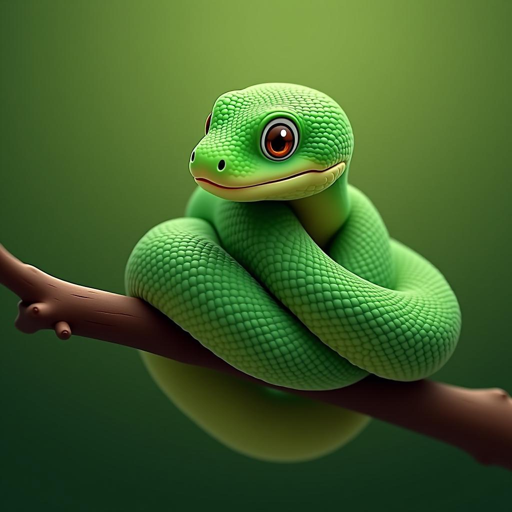  the green cute snake is sitting on a branch, wrapping around it.