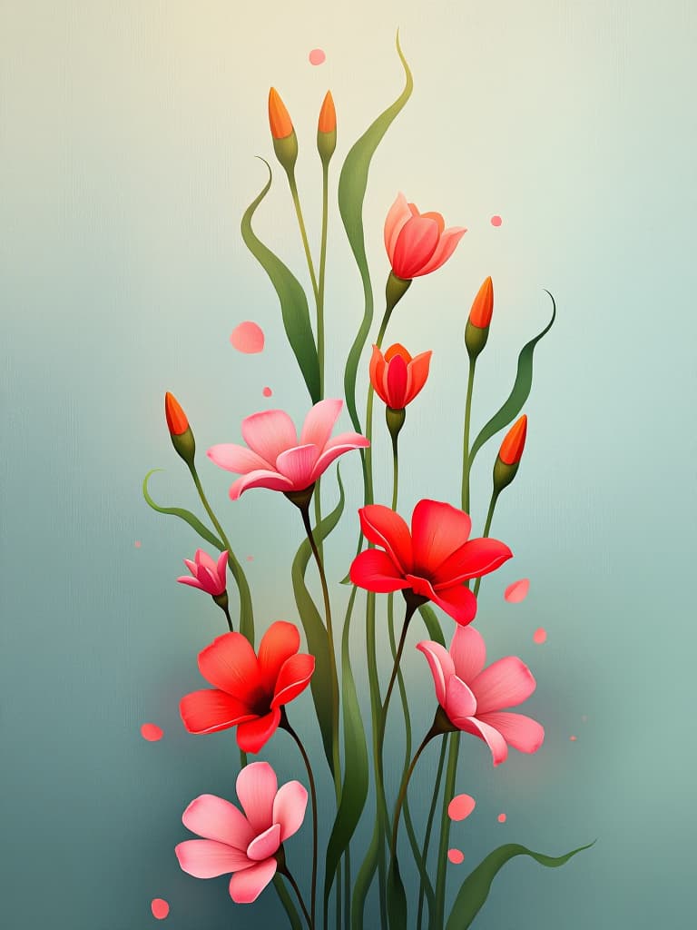  stylized, abstract painting featuring a floral arrangement. the layout is vertical, with the flowers and leaves extending upwards. the subject consists of vibrant red and pink flowers with smooth, rounded petals, and elongated green leaves. the background is a soft, muted gradient of light blues and greens, providing a gentle contrast to the bold colors of the flowers. the painting has a soft, almost blurred quality, giving it a dreamy and serene feel. there are no people, text, or logos present in the image.