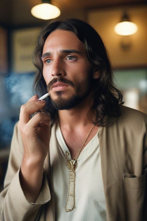 Jesus as an unintelligent county sheriff chain smoking cigarettes and giving a nasty look towards his deciples, 35mm lens, beautiful lighting, photorealistic, soft focus, kodak portra 800, 8k, hyper realistic, hyper detailed
