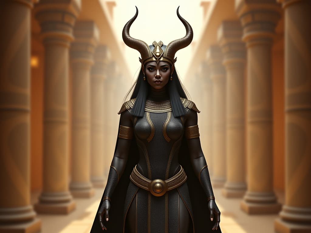  ancient egyptian goddess isis, regal and majestic, wearing form fitting high tech clothing, elaborate headpiece with solar disc and horns, standing in an ancient temple, mystical, reverent presence. unreal engine style rendering reminiscent of marvel superheros with dark and mysterious.