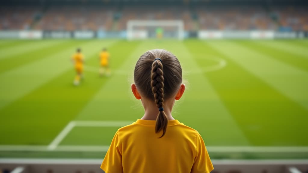  back view of a little girl watching a soccer match, with players in yellow uniforms on the field. the girl, wearing a yellow jersey, is focused on the game from the stands