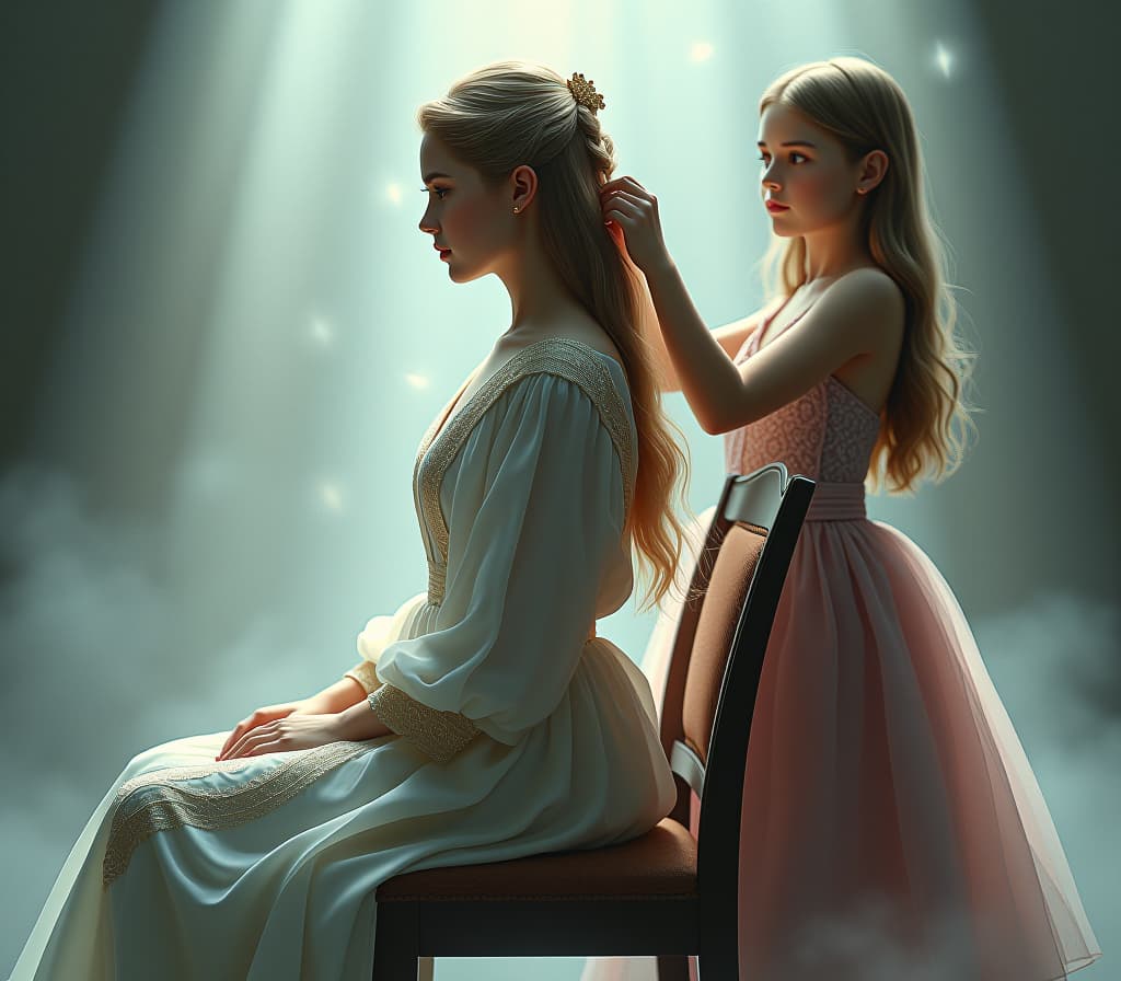  ethereal fantasy concept art of a girl is sitting on a chair and another girl is braiding her hair from behind, side view . magnificent, celestial, ethereal, painterly, epic, majestic, magical, fantasy art, cover art, dreamy hyperrealistic, full body, detailed clothing, highly detailed, cinematic lighting, stunningly beautiful, intricate, sharp focus, f/1. 8, 85mm, (centered image composition), (professionally color graded), ((bright soft diffused light)), volumetric fog, trending on instagram, trending on tumblr, HDR 4K, 8K